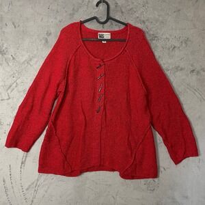 Habitat Red Cotton Knit Toggle Front Scoop Neck Art To Wear Sweater Large Boho